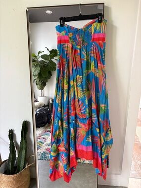 Farm Rio Tropical Blue Halter Maxi Dress Backless with Pink Accents